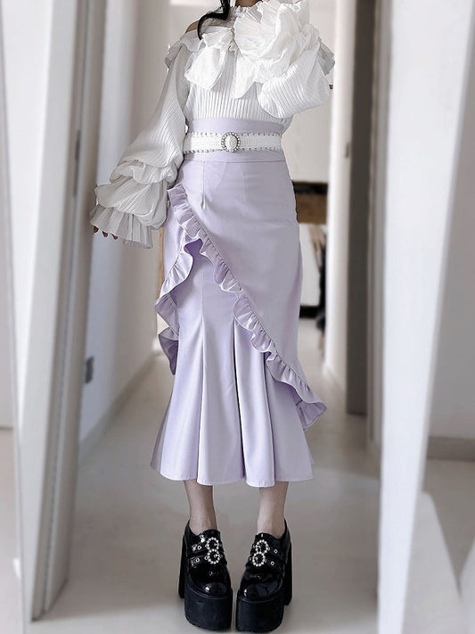 Skirt Ruffles Purple Decorated Mermaid Trim Jirai Kei Bowknot