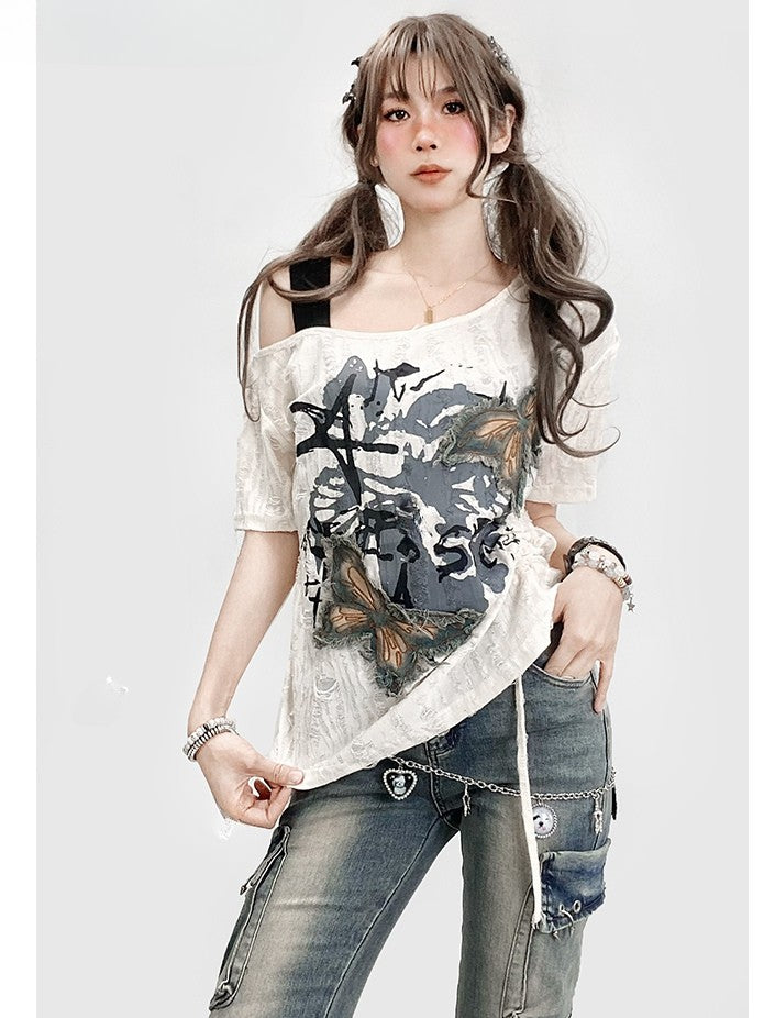 Butterfly White Kawaii Neckline Applique Bittersweet T-shirt Asymmetrical