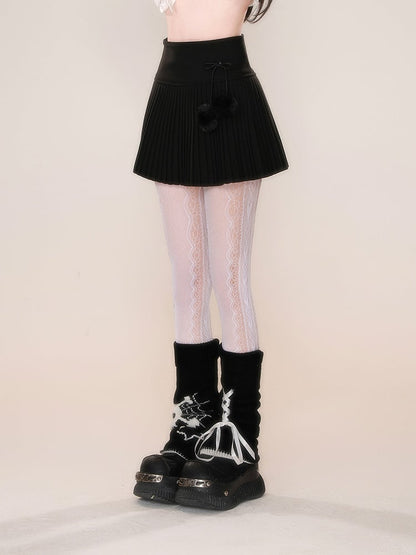 Bowknot Pompoms Decorated Pleated Black/Gray/White with Skirt Detachable