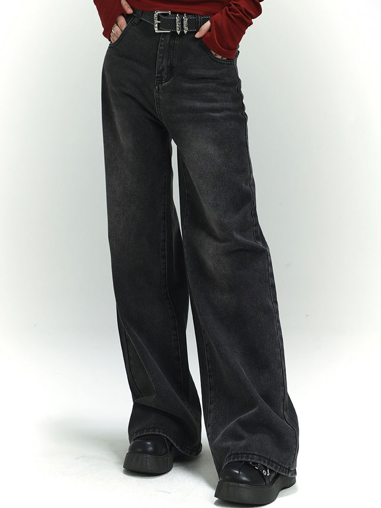 Dark Grey Faded Wash Distressed Vintage Wide-Leg Jeans