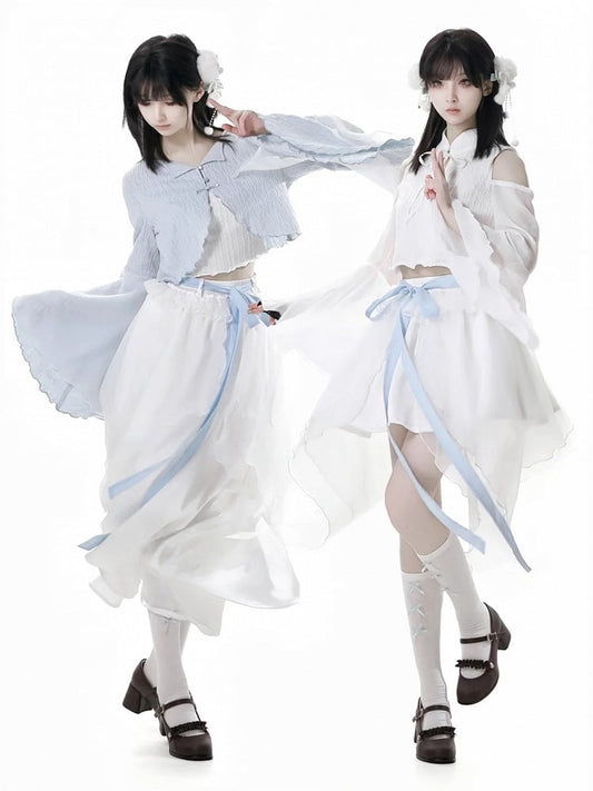 White Asymmetrical Mesh Hem Skirt Version with Bow Short/Long Self-tie