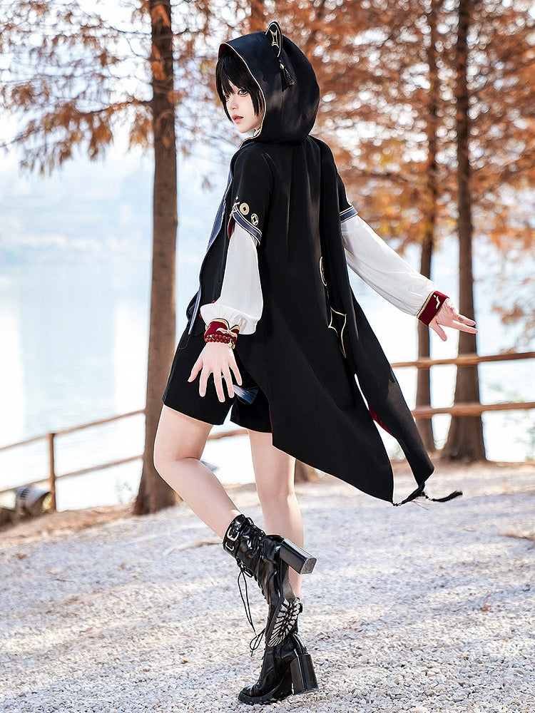 Manteau à capuche en ouji noir avec pièces de cuivre et oreilles de panda