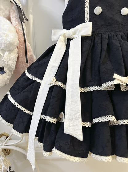 Double-Breasted Black Trim Sweet with Lolita Overall Buttons White Lace Dress and