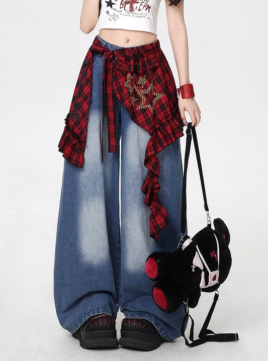 Rise Faded Wash Blue Low Wide-leg Jeans with Red Plaid Waist Accessory