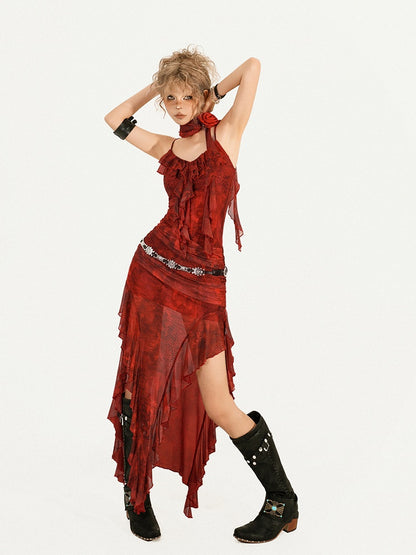 Slip Red Asymmetrical Tie-Dye Brooch Floral Print Layered Mesh with Flame Dress Hem