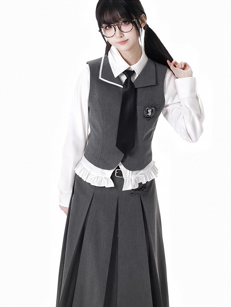 White Bowknot Details Ruffle Trim Shirt With A Tie