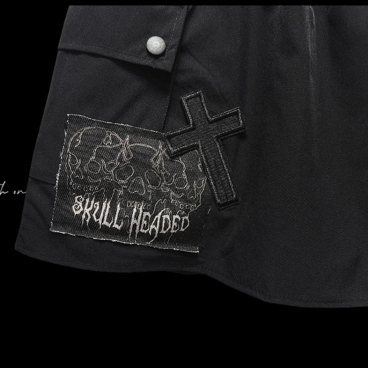 Cargo-Taschenrock mit Kreuz- und Skelett-Applikationen, Kordelzug, schwarze Taille