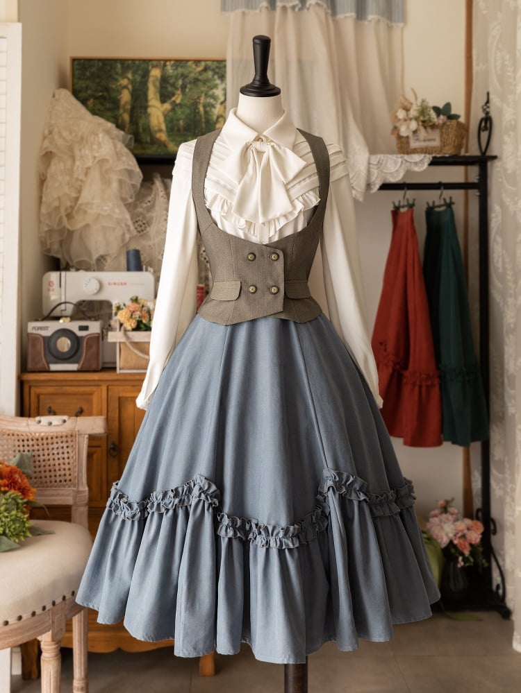 Dusty Blue Ruffle Trim Flounce Hem Skirt Midi Length Lolita Skirt