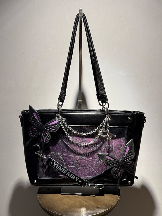 Purple Detachable Butterfly Spiderweb Detail Black Ita Shoulder Bag