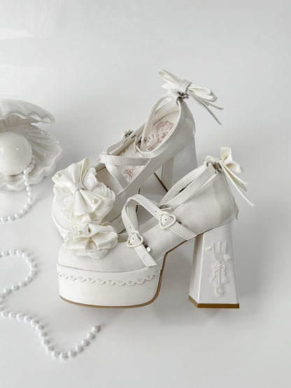 White Lolita Lace Bowknot  Fork Embroidery Platform Block High Heels