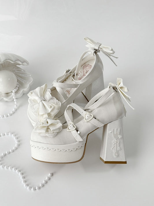 White Lolita Lace Bowknot  Fork Embroidery Platform Block High Heels