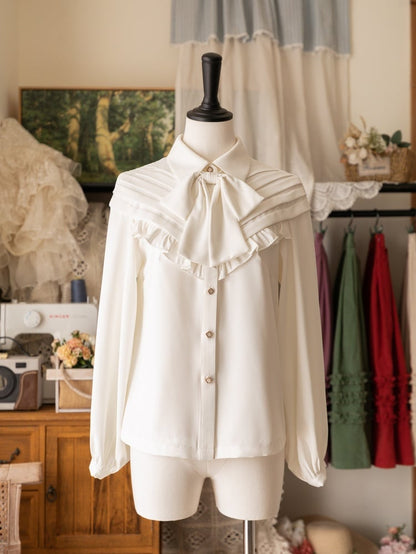 White Long Sleeves Ruffle Trim Shirt with Bow Tie