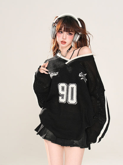 Black/White Asymmetrical Neckline Sun Protection Hollow-out Top