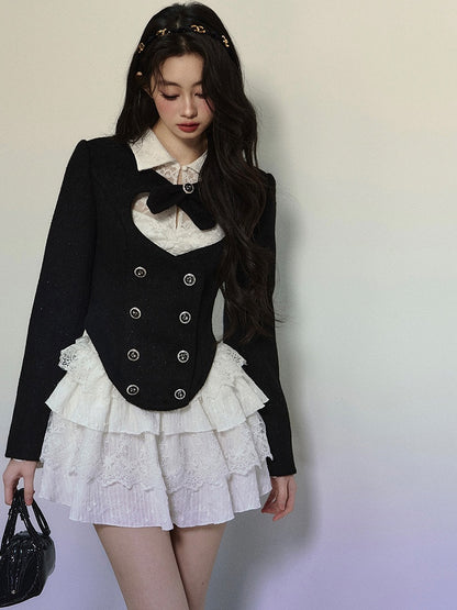 Black Heart-shaped Cutout Cropped Woolen Jacket