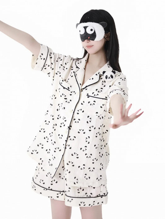 Allover Panda Print Shirt Elastic Pajamas Set Edge Beige Collar Shorts Scalloped + Waist
