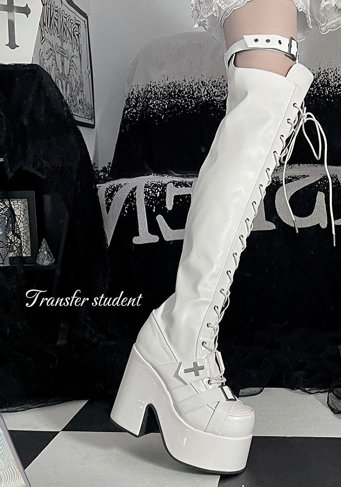 Matte White Front Lace-up Ties Buckle Straps Heel Platform Thigh-high Boots