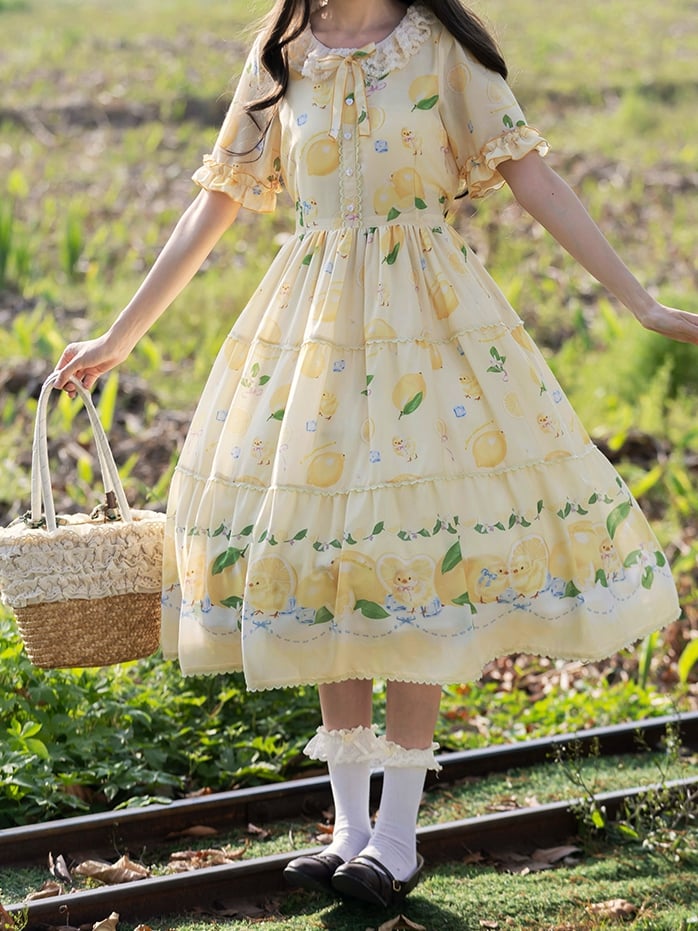 and Spring Chick Dress Sleeves Short Summer for Print Lolita Lemon Yellow