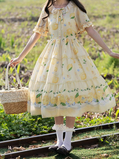 and Spring Chick Dress Sleeves Short Summer for Print Lolita Lemon Yellow