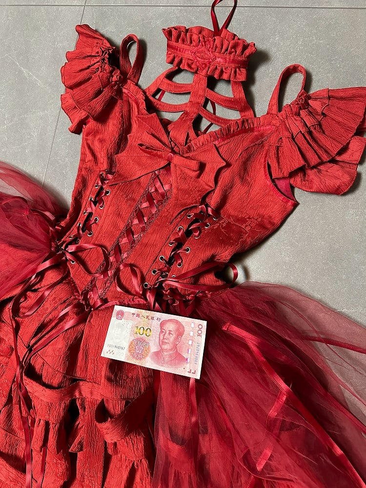 Design Lace-ups with Waist Birdcage Ovarlay Red Lolita Dress Skirt Big and Gothic Bow Corset Detachable