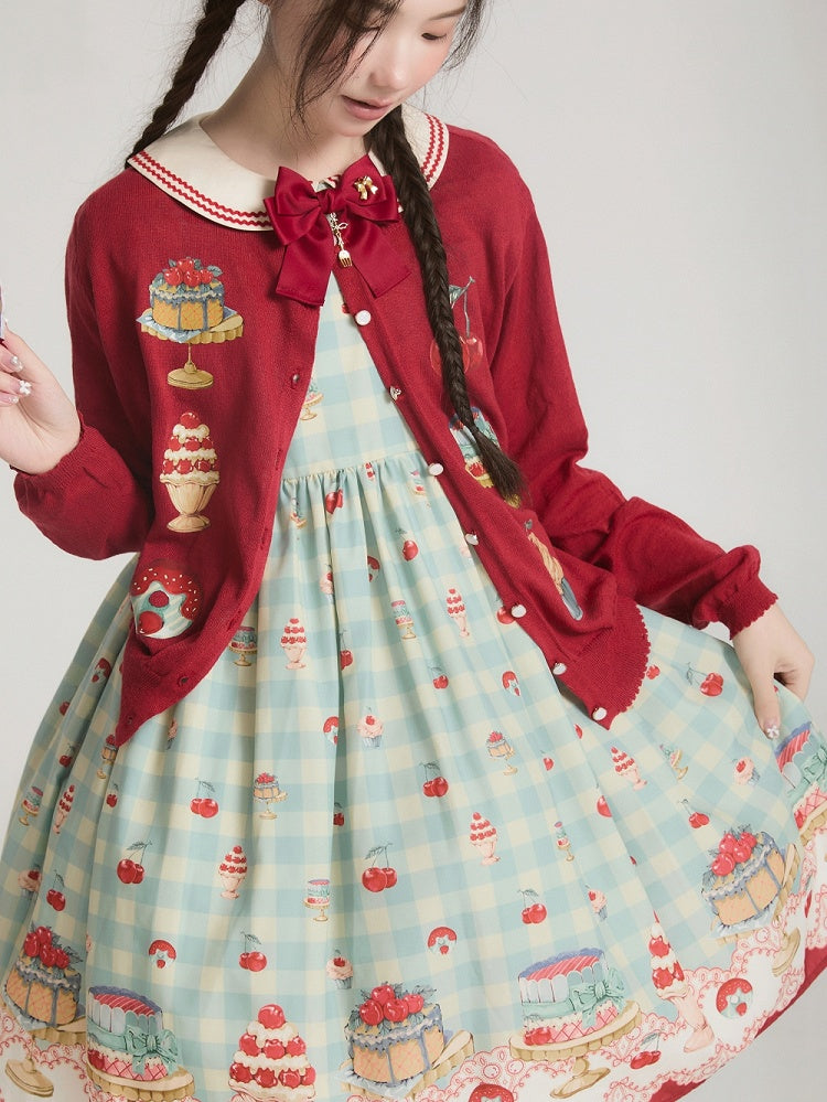 Red Long Sleeves Dessert Print Cardigan