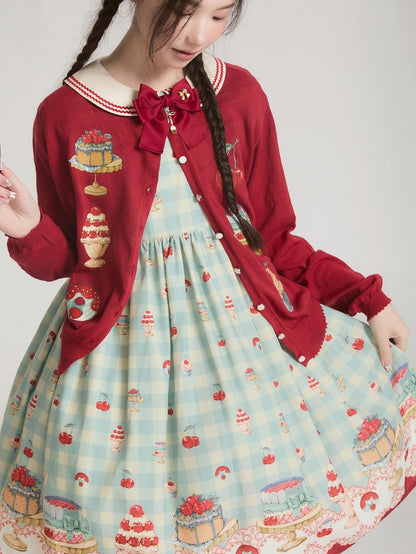 Red Long Sleeves Dessert Print Cardigan