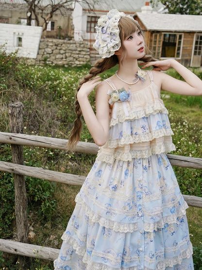 Print Top Cami Blue Floral Beige Tiered and