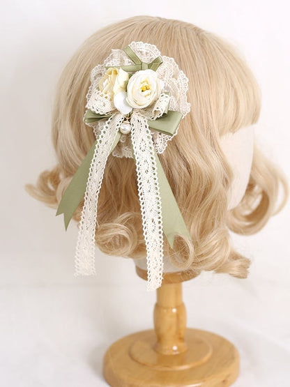 Perle mit Schleife Grün Beige Charm Haarspange Floral Lolita Country Lace