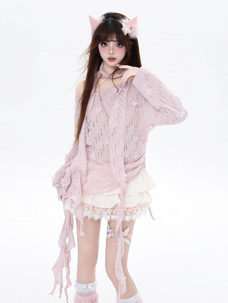 Free Cherry Blossom Pink Asymmetrical Hem Butterfly Coverup Scarf with Accents