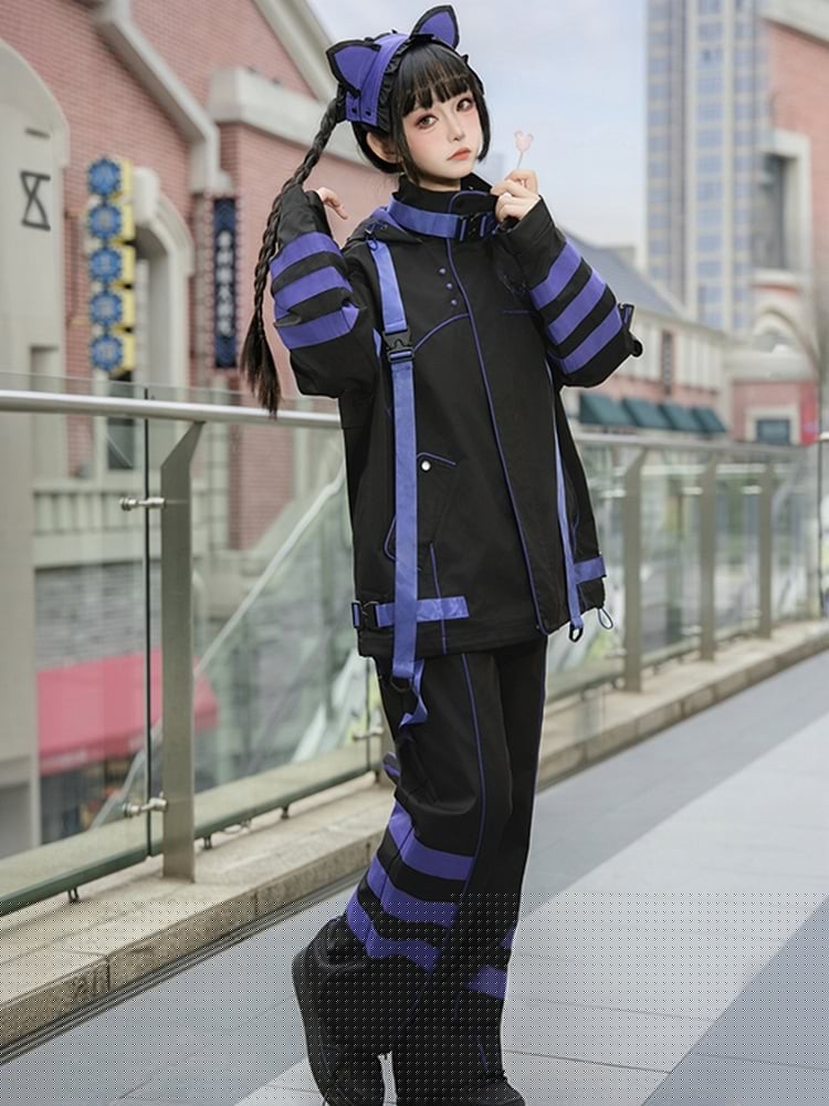 Black and Purple Techwear Buckle Straps Cat Ears Hooded Baggy Windbreaker Jacket