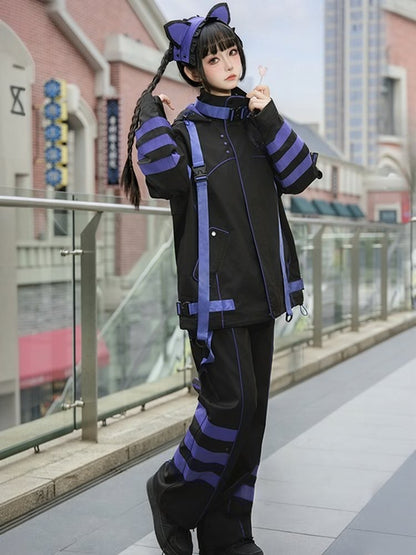 Black and Purple Techwear Buckle Straps Cat Ears Hooded Baggy Windbreaker Jacket
