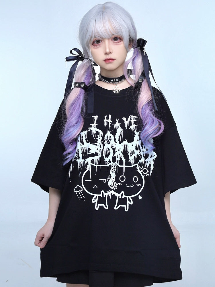 Jirai T-shirt Brief Katze Druck Schwarz Kei Und