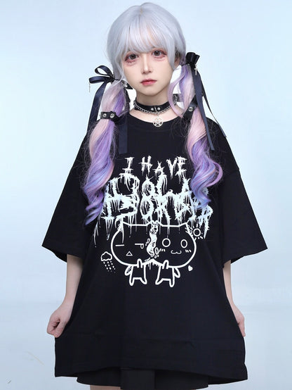 Jirai T-shirt Brief Katze Druck Schwarz Kei Und