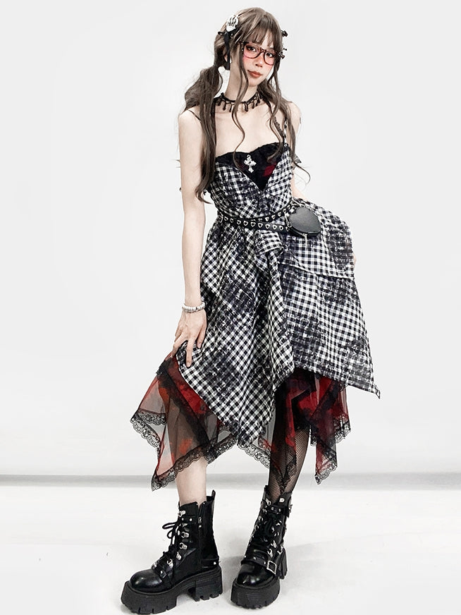 Glamorous Tiered Cross Top Plaid Details Bittersweet + Red Skirt Dye Black Tie Set- Dress Cami