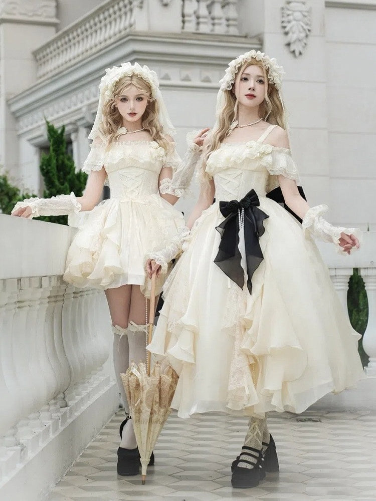 Boned Dress Skirt Cascading Beige Ruffle Classic Version Short Basque Set Waist Lolita Full