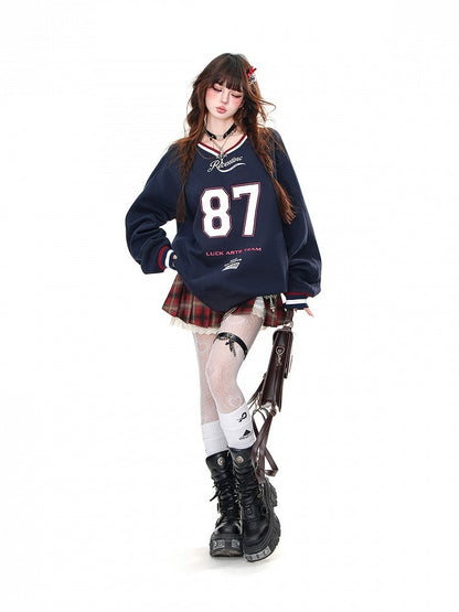 Apricot/Navy Blue V-Neck?Number Print Bittersweet Loose Sweatshirt