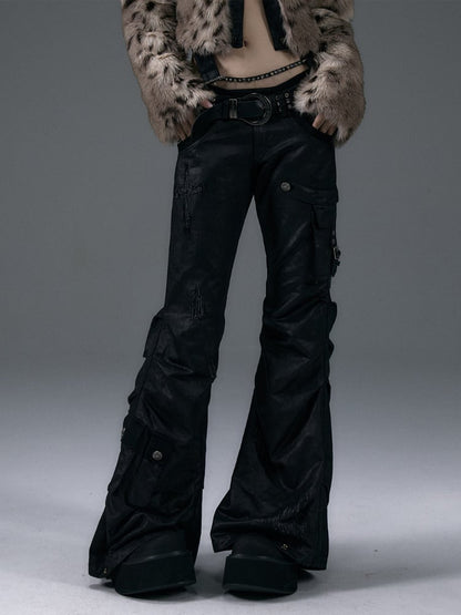 Black Low-Waist Slim-fitting Flared Cargo Pants