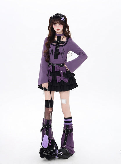 Top and All-in-one Gothic Black/Purple Bell Sleeves Cross Design Choker