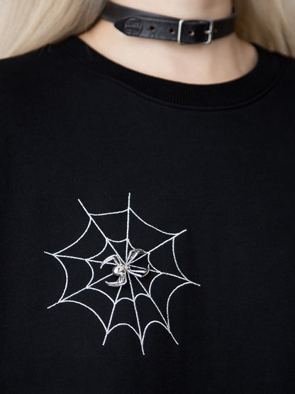 Spiderweb Embroidered Black Sweatshirt with Detachable Metal Spider