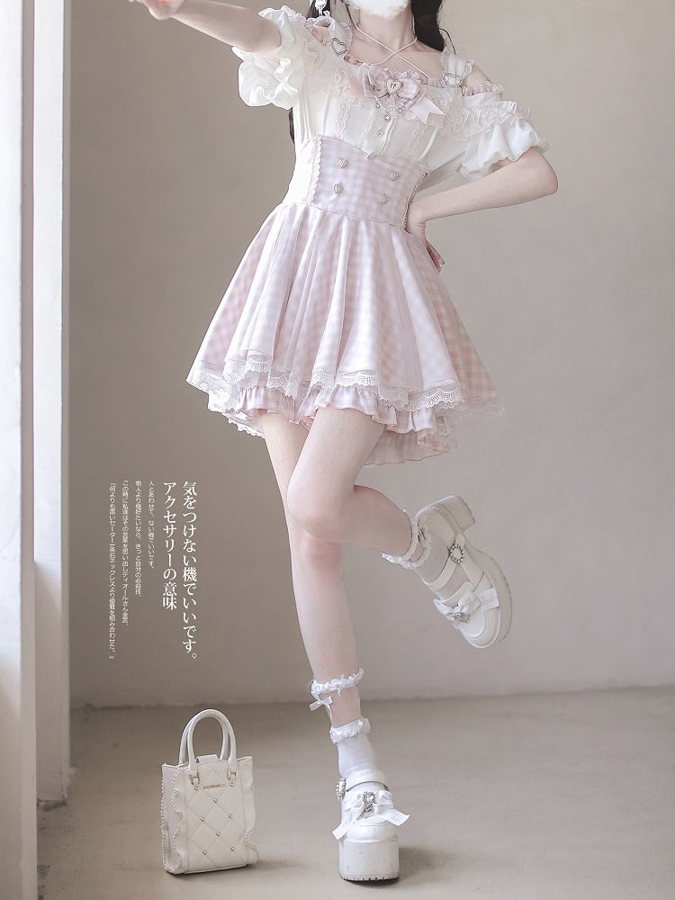 Top with Off-the-shoulder Jirai Kei Apricot Neckline and Pink Lace Trim