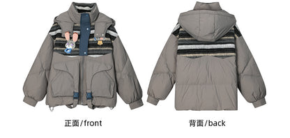 Patchwork Design Grey Hooded Down Jacket