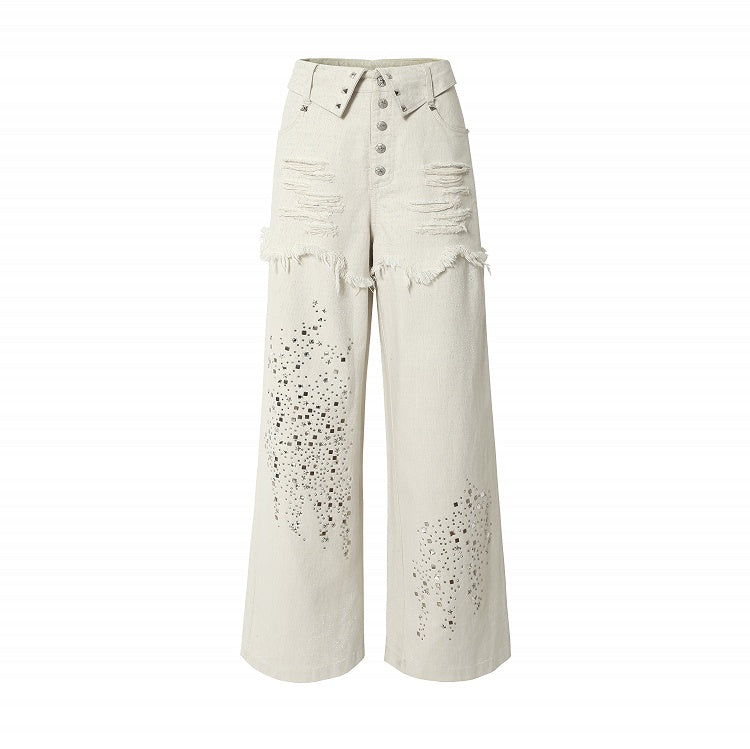 Apricot Wide-Leg Distressed Jeans with Rhinestone