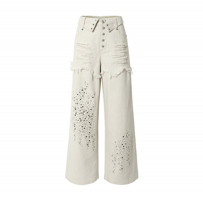 Apricot Wide-Leg Distressed Jeans with Rhinestone