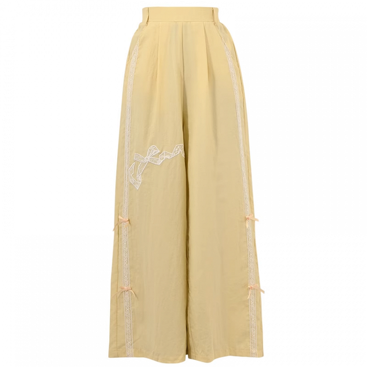 Bowknot Embroidery Wide-Leg Pants Yellow Regular/Short Version Waist High