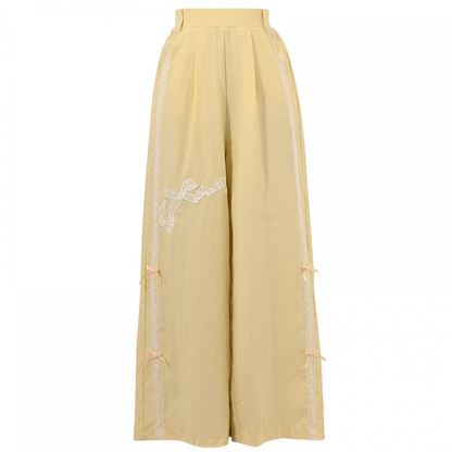 Bowknot Embroidery Wide-Leg Pants Yellow Regular/Short Version Waist High