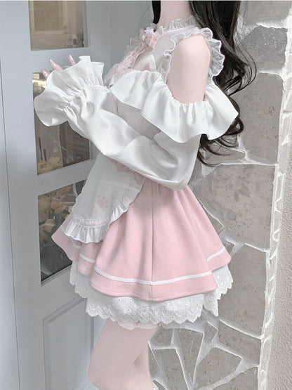 Pink & White Jirai Kei Full Set-Illusion Neckline Cutout Shoulder Top+Apron Design  Skirt+Bow Tie