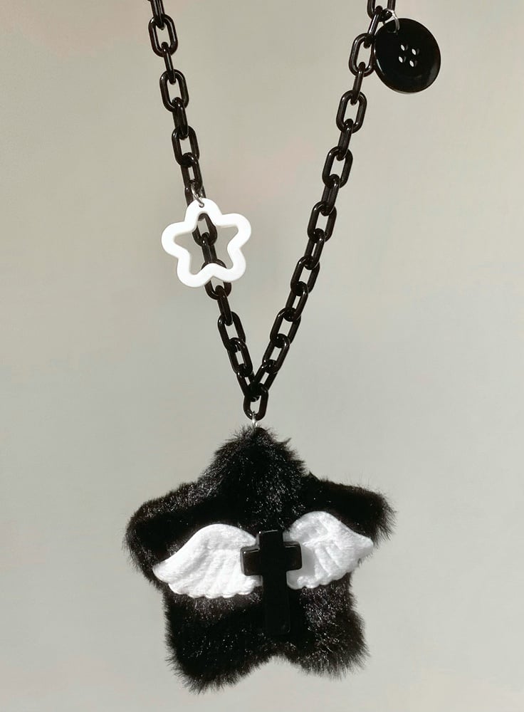 Black/Pink/Blue Plush Star Wing Cross Pendant Necklace