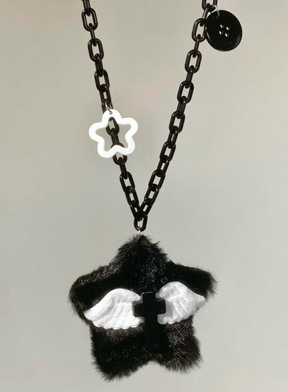Black/Pink/Blue Plush Star Wing Cross Pendant Necklace