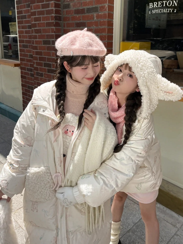 Cute Lamb Print White Hooded Down Jacket Short/Long Version