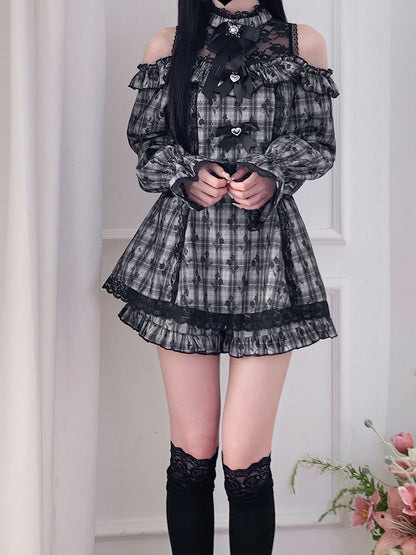 Set Skirt Cutout Shoulder Mini Shorts Jirai Kei Illusion Dress Neckline Plaid with Ruffled Gray Hem