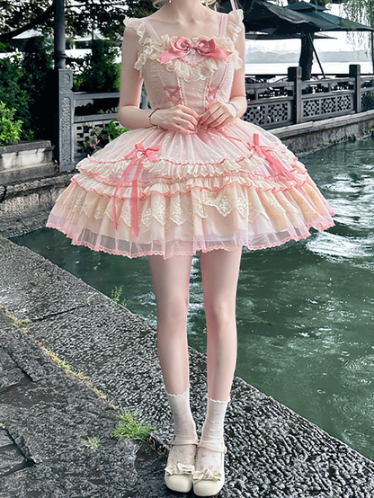 Bow Sweet Lolita Dress Flutter Pink Lace-up Bodice High Waist Sleeves with Big Jumper Skirt Detachable